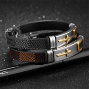 Leather Cross Bracelet Bangle In Black & Brown - Urban Village Co.